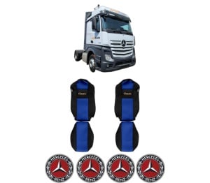 Set Huse Scaune Camion Tir MERCEDES-BENZ ACTROS MP4 / MP5 din 2011-2024, Auto, Model CLASSIC, Culoare Albastru, 4x Stickere auto cu MERCEDES-BENZ