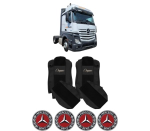 Set Huse Scaune Camion Tir MERCEDES-BENZ ACTROS MP4 / MP5 din 2011-2024, Auto, Model ELEGANCE S, Culoare Negru, 4x Stickere auto cu MERCEDES-BENZ