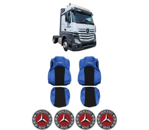 Set Huse Scaune Camion Tir MERCEDES-BENZ ACTROS MP4 / MP5 din 2011-2024, Auto, Model ELEGANCE Q, Culoare Negru/Rosu, 4x Stickere auto cu MERCEDES-BENZ