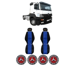 Set Huse Scaune Camion Tir MERCEDES-BENZ AXOR 2 din 2004-2005, Auto, Model CLASSIC, Culoare Albastru, 4x Stickere auto cu MERCEDES-BENZ