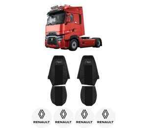 Set Huse Scaune Camion Tir RENAULT TRUCKS MAGNUM din 2004-2013, Auto, Model ELEGANCE Q, Culoare Negru, 4x Stickere auto cu RENAULT TRUCKS