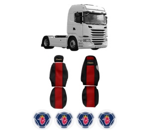 Set Huse Scaune Camion Tir SCANIA G I din 2003-2019, Auto, Model CLASSIC, Culoare Rosu, 4x Stickere auto cu SCANIA