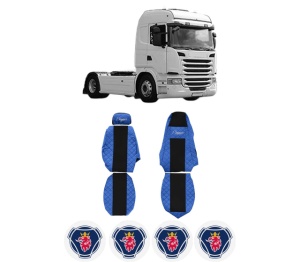 Set Huse Scaune Camion Tir SCANIA G I din 2003-2019, Auto, Model ELEGANCE Q, Culoare Albastru, 4x Stickere auto cu SCANIA