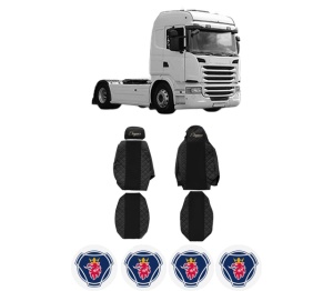 Set Huse Scaune Camion Tir SCANIA G I din 2003-2019, Auto, Model ELEGANCE Q, Culoare Negru, 4x Stickere auto cu SCANIA