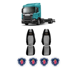 Set Huse Scaune Camion Tir SCANIA G II din 2017-2023, Auto, Model CLASSIC, Culoare Gri, 4x Stickere auto cu SCANIA