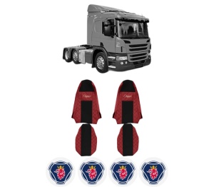 Set Huse Scaune Camion Tir SCANIA P I din 2003-2019, Auto, Model ELEGANCE Q, Culoare Rosu, 4x Stickere auto cu SCANIA