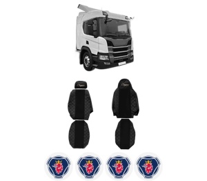 Set Huse Scaune Camion Tir SCANIA P II din 2017-2023, Auto, Model ELEGANCE Q, Culoare Negru, 4x Stickere auto cu SCANIA