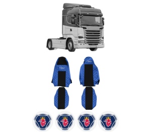 Set Huse Scaune Camion Tir SCANIA R I din 2004-2019, Auto, Model ELEGANCE Q, Culoare Albastru, 4x Stickere auto cu SCANIA