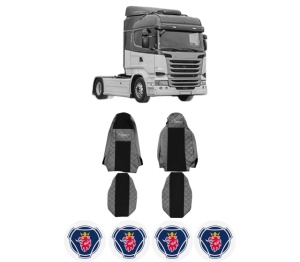 Set Huse Scaune Camion Tir SCANIA R I din 2004-2019, Auto, Model ELEGANCE Q, Culoare Gri, 4x Stickere auto cu SCANIA