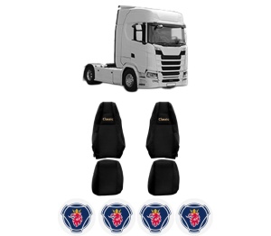 Set Huse Scaune Camion Tir SCANIA S din 2016-2023, Auto, Model CLASSIC, Culoare Negru, 4x Stickere auto cu SCANIA