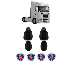 Set Huse Scaune Camion Tir SCANIA S din 2016-2023, Auto, Model ELEGANCE Q, Culoare Negru, 4x Stickere auto cu SCANIA
