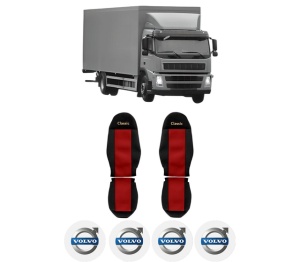Set Huse Scaune Camion Tir VOLVO FM din 2005-2008, Auto, Model CLASSIC, Culoare Rosu, 4x Stickere auto cu VOLVO