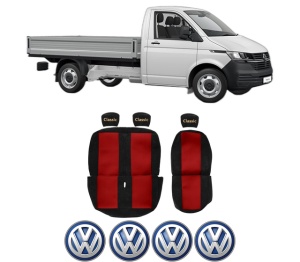 Set Huse Scaune Camion Tir VW TRANSPORTER T6 Platform/Chassis (SFD, SFE, SFL, SFZ, SJD, SJ din 2015-2024, Auto, Model CLASSIC, Culoare Rosu, 4x Stickere auto cu VW