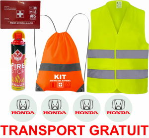 Set Kit siguranta auto cu saculet compact ce contine - Stingator spray 1kg, Trusa Medicala omolgata R.A.R, Vesta Reflectorizanta, Stickere Cadou HONDA, compatibil cu orice autoturism accesorii pentru autoturismul tau - masina v67684