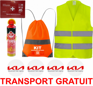 Set Kit siguranta auto cu saculet compact ce contine - Stingator spray 1kg, Trusa Medicala omolgata R.A.R, Vesta Reflectorizanta, Stickere Cadou KIA, compatibil cu orice autoturism accesorii pentru autoturismul tau - masina v67664