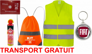 Set Kit siguranta auto cu saculet compact ce contine - Stingator spray 1kg, Trusa Medicala omolgata R.A.R, Vesta Reflectorizanta, Breloc Cadou FIAT, compatibil cu orice autoturism. accesorii pentru autoturismul tau - masina v67544