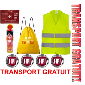 Set Kit siguranta auto cu saculet compact ce contine - Stingator spray 1kg, Trusa Medicala omolgata R.A.R, vesta reflectorizanta, stickere FIAT , compatibil cu orice autoturism