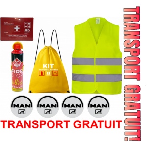 Set Kit siguranta auto cu saculet compact ce contine - Stingator spray 1kg, Trusa Medicala omolgata R.A.R, vesta reflectorizanta, stickere MAN , compatibil cu orice autoturism