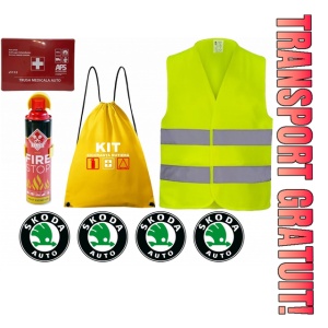 Set Kit siguranta auto cu saculet compact ce contine - Stingator spray 1kg, Trusa Medicala omolgata R.A.R, vesta reflectorizanta, stickere SKODA , compatibil cu orice autoturism