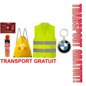 Set Kit siguranta auto cu saculet compact ce contine - Stingator spray 1kg, Trusa Medicala omolgata R.A.R, vesta reflectorizanta, Breloc cadou BMW , compatibil cu orice autoturism