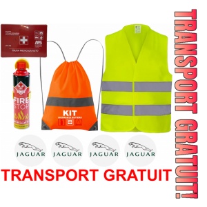 Set Kit siguranta auto cu saculet compact ce contine - Stingator spray 1kg, Trusa Medicala omolgata R.A.R, Vesta Reflectorizanta, Stickere Cadou JAGUAR, compatibil cu orice autoturism