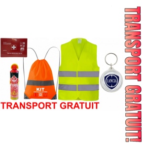 Set Kit siguranta auto cu saculet compact ce contine - Stingator spray 1kg, Trusa Medicala omolgata R.A.R, Vesta Reflectorizanta, Breloc Cadou LANCIA, compatibil cu orice autoturism.