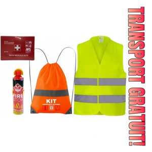 Set Kit siguranta auto cu saculet compact ce contine - Stingator spray 1kg, Trusa Medicala omolgata R.A.R, Vesta Reflectorizanta, Breloc Cadou RENAULT, compatibil cu orice autoturism.