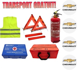 Set Kit siguranta auto omologat R.A.R, Stingator cu manometru 1kg P1 , Trusa Medicala, 2 Triunghiuri Reflectorizante, Stickere Cadou CHEVROLET, geanta color - albastra - kit compatibil cu orice autoturism