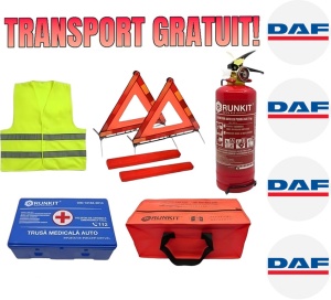Set Kit siguranta auto omologat R.A.R, Stingator cu manometru 1kg P1 , Trusa Medicala, 2 Triunghiuri Reflectorizante, geanta color - albastra + Stickere Cadou DAF- kit compatibil cu orice autoturism