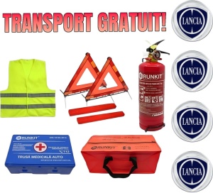 Set Kit siguranta auto omologat R.A.R, Stingator cu manometru 1kg P1 , Trusa Medicala, 2 Triunghiuri Reflectorizante, geanta color - albastra + Stickere Cadou LANCIA- kit compatibil cu orice autoturism