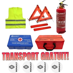 Set Kit siguranta auto omologat R.A.R, Stingator cu manometru 1kg P1 , Trusa Medicala, 2 Triunghiuri Reflectorizante, geanta color - albastra + Stickere Cadou RENAULT- kit compatibil cu orice autoturism