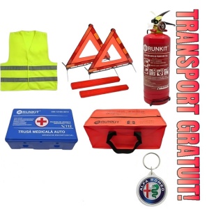 Set Kit siguranta auto omologat R.A.R, Stingator cu manometru 1kg P1 , Trusa Medicala, 2 Triunghiuri Reflectorizante, geanta color - albastra + Breloc Cadou Alfa Romeo- kit compatibil cu orice autoturism