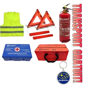 Set Kit siguranta auto omologat R.A.R, Stingator cu manometru 1kg P1 , Trusa Medicala, 2 Triunghiuri Reflectorizante, geanta color - albastra + Breloc Cadou SSANGYONG- kit compatibil cu orice autoturism