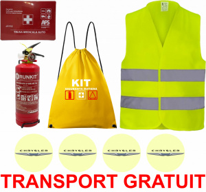 Set Kit siguranta auto OMOLOGAT RAR cu saculet compact ce contine - Stingator cu manometru P1 1kg, Trusa Medicala , Vesta Reflectorizanta, Stickere Cadou CHRYSLER . Compatibil cu orice autoturism. accesorii pentru autoturismul tau - masina v68004