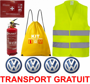 Set Kit siguranta auto OMOLOGAT RAR cu saculet compact ce contine - Stingator cu manometru P1 1kg, Trusa Medicala , Vesta Reflectorizanta, Stickere Cadou VOLKSWAGEN . Compatibil cu orice autoturism. accesorii pentru autoturismul tau - masina v67884