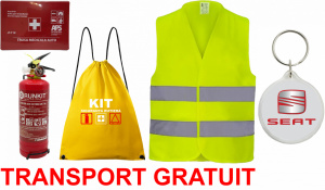Set Kit siguranta auto OMOLOGAT RAR cu saculet compact ce contine - Stingator cu manometru P1 1kg, Trusa Medicala , Vesta Reflectorizanta, Breloc Cadou SEAT. Compatibil cu orice autoturism. accesorii pentru autoturismul tau - masina v67764