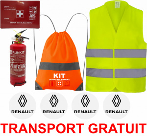 Set Kit siguranta auto OMOLOGAT RAR cu saculet compact ce contine - Stingator cu manometru P1 1kg, Trusa Medicala , Vesta Reflectorizanta, Stickere Cadou Renault. Compatibilitate cu orice autoturism accesorii pentru autoturismul tau - masina v67254