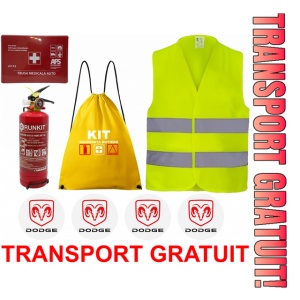 Set Kit siguranta auto OMOLOGAT RAR cu saculet compact ce contine - Stingator cu manometru P1 1kg, Trusa Medicala , Vesta Reflectorizanta, Stickere Cadou DODGE. Compatibil cu orice autoturism.