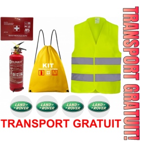Set Kit siguranta auto OMOLOGAT RAR cu saculet compact ce contine - Stingator cu manometru P1 1kg, Trusa Medicala , Vesta Reflectorizanta, Stickere Cadou LAND ROVER. Compatibil cu orice autoturism.