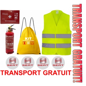 Set Kit siguranta auto OMOLOGAT RAR cu saculet compact ce contine - Stingator cu manometru P1 1kg, Trusa Medicala , Vesta Reflectorizanta, Stickere Cadou SEAT. Compatibil cu orice autoturism.