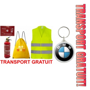 Set Kit siguranta auto OMOLOGAT RAR cu saculet compact ce contine - Stingator cu manometru P1 1kg, Trusa Medicala , Vesta Reflectorizanta, Breloc Cadou BMW . Compatibil cu orice autoturism.