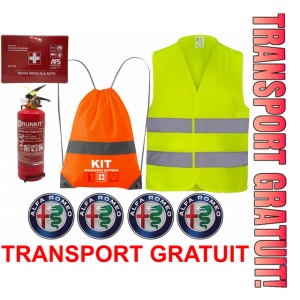 Set Kit siguranta auto OMOLOGAT RAR cu saculet compact ce contine - Stingator cu manometru P1 1kg, Trusa Medicala , Vesta Reflectorizanta, Stickere Cadou Alfa Romeo . Compatibilitate cu orice autoturism