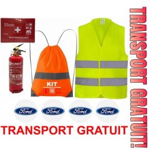 Set Kit siguranta auto OMOLOGAT RAR cu saculet compact ce contine - Stingator cu manometru P1 1kg, Trusa Medicala , Vesta Reflectorizanta, Stickere Cadou FORD. Compatibilitate cu orice autoturism