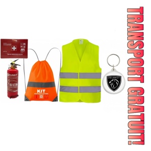Set Kit siguranta auto OMOLOGAT RAR cu saculet compact ce contine - Stingator cu manometru P1 1kg, Trusa Medicala , Vesta Reflectorizanta, Breloc Cadou PEUGEOT. Compatibilitate cu orice autoturism