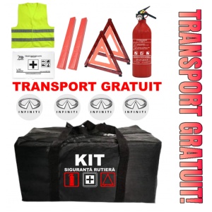 Set Kit - Trusa siguranta auto omologat R.A.R, Stingator cu manometru 1kg P1 , Trusa Medicala, 2 Triunghiuri Reflectorizante , 4 stickere autoadezive INFINITI