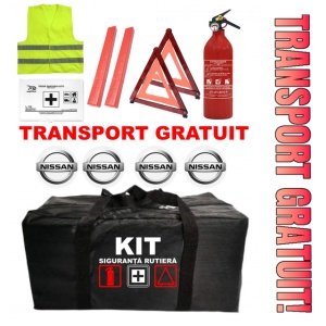 Set Kit - Trusa siguranta auto omologat R.A.R, Stingator cu manometru 1kg P1 , Trusa Medicala, 2 Triunghiuri Reflectorizante , 4 stickere autoadezive NISSAN