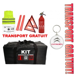 Set Kit - Trusa siguranta auto omologat R.A.R, Stingator cu manometru 1kg P1 , Trusa Medicala, 2 Triunghiuri Reflectorizante , 1 Breloc CITROEN