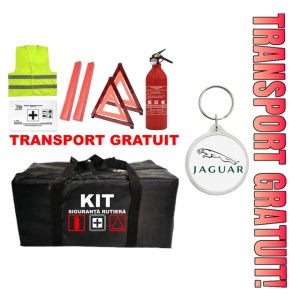 Set Kit - Trusa siguranta auto omologat R.A.R, Stingator cu manometru 1kg P1 , Trusa Medicala, 2 Triunghiuri Reflectorizante , 1 Breloc JAGUAR