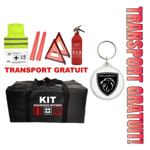 Set Kit - Trusa siguranta auto omologat R.A.R, Stingator cu manometru 1kg P1 , Trusa Medicala, 2 Triunghiuri Reflectorizante , 1 Breloc PEUGEOT