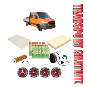 Set Pachet filtre revizie Bosch, 10 litrii ulei Castrol 5W30 MERCEDES-BENZ SPRINTER 3,5-t Platform/Chassis (B907, B910) 317 CDI RWD (907.131, 907.133, 907.135, 907.231, 907.233... din 2020, 4x Stickere auto cu MERCEDES-BENZ